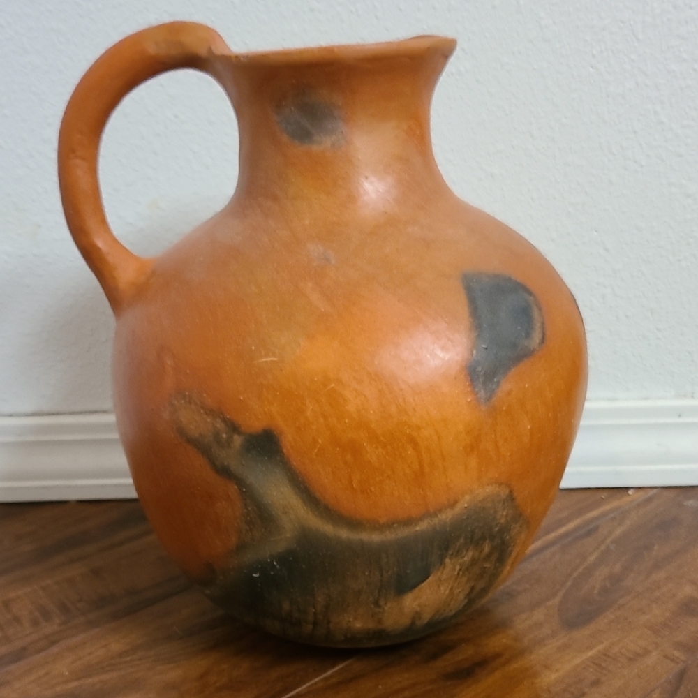 Rustic Large Orange and Black Vintage Water Jug/pitcher
